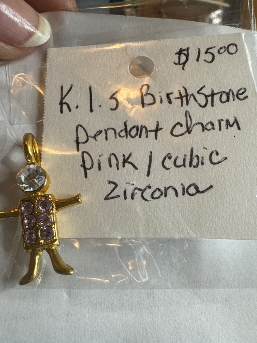 K.l.S Gold Tone Pink CZ Birthstone Pendant Charm